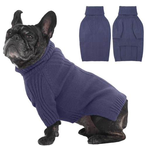 Image of IECOii Small Dog Sweater, Warm Turtleneck for Small to Medium Dogs, L | Holiday Knit Doggy Sweatshirt,Girl Boy Dog Sweaters for Winter,Cozy Pullover Knitwear with Sleeve for French Bulldog, Blue