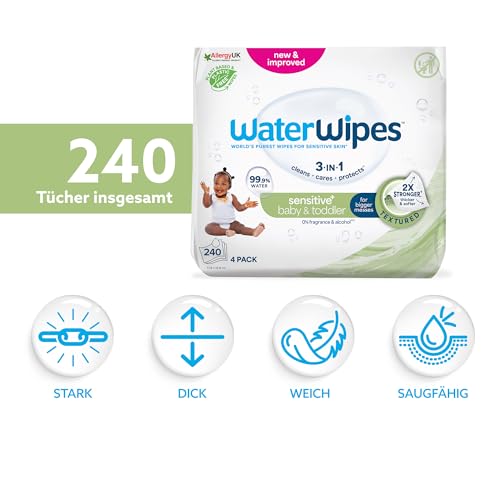 WaterWipes Sensitive+ Baby & Toddler Wipes, 99,9% Wasser, 4 Pack – Ansicht 2