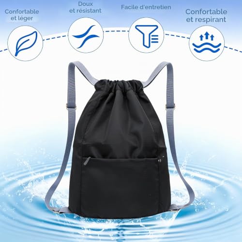 VQBKHO Sac à Dos Imperméable à Cordon, Sac de Sport Léger Unisexe avec Grande Capacité et Poche Zippée Sac Pliable Bandoulière Réglable pour Gym École Voyage Natation Randonnée – vue 5