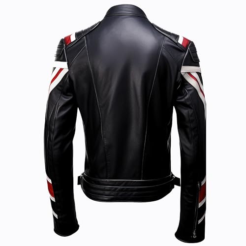 Men Union Jack Casual Motorcycle Zipper Coat Leather Jacket With UK Flag Genuine Leather Jackets, Small2