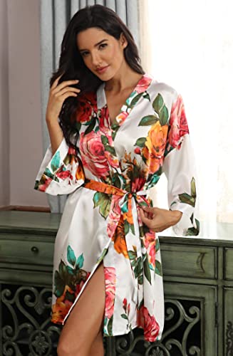 Image of VOGMATE Floral Silk Robes for Women Short Satin Kimono Bride Bridesmaid Robes Bathrobe