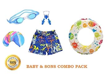 Baby & Sons Kids / BOY Swimming Kit with 1 Swimming Shorts | 1 Swimming Shorts, 1 Anti Fog Swimming Goggles, 1 Silicone Swimming Cap, 1 Nose Clip 2 Ear Plugs with Swimming Ring (3-4 Years, Multi)
