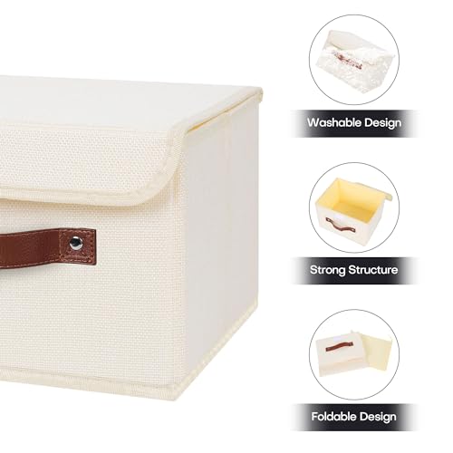 Anminy Storage Bin With Lid Storage Boxes With Pu Leather Handles Pp Plastic Board Decorative Foldable Lidded Cotton Linen Fabric Home Cubes Baskets Closet Organizer Container thumb #3