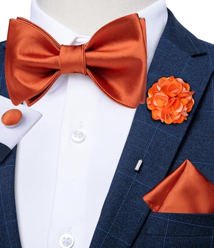 Image of DiBanGu Solid Color Bow Ties for Men Formal Satin Self Tied Bowtie with Lapel Pin Pocket Square Cufflinks for Wedding Party