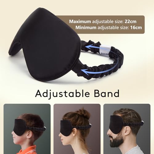 SOO DΞSIVI 100% Pure 6A Mulberry Black Silk Sleep Mask for Women and Men, Adjustable Blackout Eye Cover, Breathable Travel Eye Mask for Sleeping, Zero Pressure Comfort — view 5