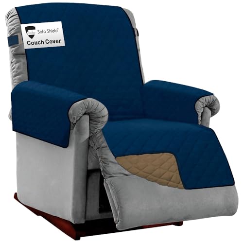 Sofa Shield Recliner Slip Cover - Patented Strap, Navy Sand