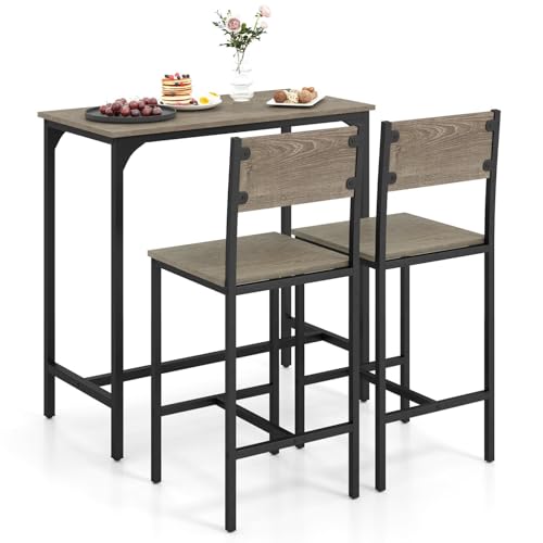 TANGZON Bar Table Set with 2 Chairs, 3PCS Breakfast Bar Set with Metal Legs & Footrests, Industrial Counter Dining Table and Chairs for Home Kitchen Pub Cafe Restaurant (Gray + Black)