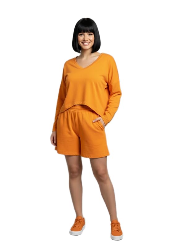 Women's Knit Loungewear Set: Orange Long Sleeve V-Neck Top & Shorts - Stylish Comfort for Relaxing at Home, Trendy Sleepwear-image-1