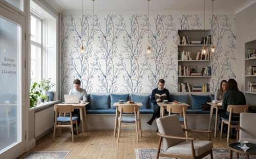 Image of VKR Modern Botanical Tree Branch Wallpaper - Elegant Blue & Grey Design for Living Room, Bedroom & Office Decor | 45x300 cm Self-Adhesive Peel & Stick PVC Wall Sticker