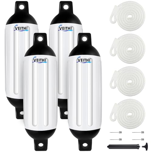 VEITHI Boat Fenders 4 Pack 6.5 x 23 inch,Ribbed Twin Eyes Vinyl Boat Bumpers Fenders,Boat Bumpers for Docking Come with Ropes Needles and Pump to Inflate,Pontoon Boat Fenders for Docking - White/Black