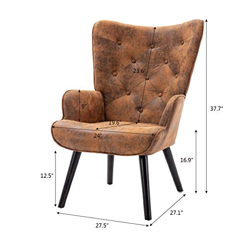 Dolonm Rustic Accent Chair Vintage Wingback Chair Microfiber Cushioned Mid Century Tall Back Chair with Arms Solid Wood Legs for Reading Living Room Bedroom Waiting Room (Brown) - Image 3