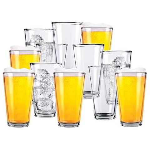 Glass Beer Mugs - Pack of 12 - Clear Glass Bar Tumblers, 1 Pint (16oz) -  Premium Quality Glass Cups, Great for Restaurants, Bars, Parties, Home and Kitchen - by Kitchen Lux (Pack of 12) Cover