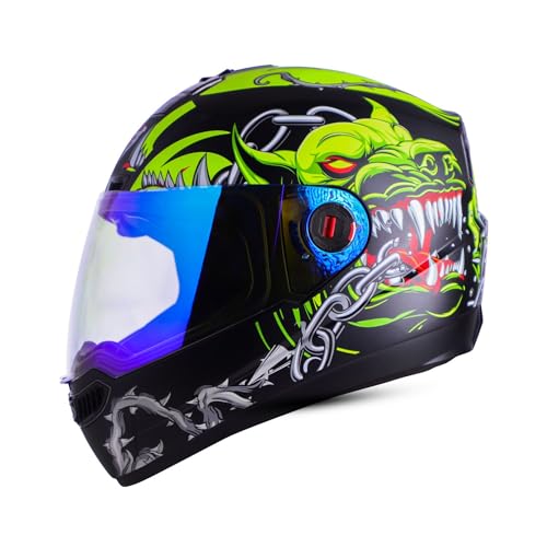 Image of Steelbird SBA-1 Angry Dog ISI Certified Full Face Graphic Helmet for Men and Women (Medium 580 MM, Glossy Black Neon with Night Vision Blue Visor)