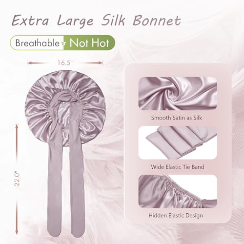 Image of BONNET QUEEN Silk Bonnet Satin Bonnet Silk Hair Wrap for Sleeping with Tie Band Night Sleep Cap for Women Curly Hair, Large, Rose Gold