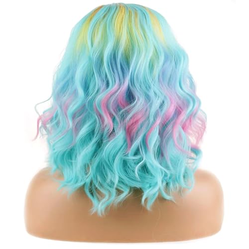 Image of BERON Colorful and Blue Green Short Curly Wave Wig for Women Girls Green Blue Wavy Heat Resistant Synthetic Wig for Cosplay Costume Party or Daily