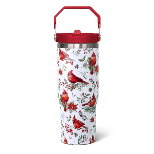 qwpmvhsak 30 oz Red Cardinal Flip Tumbler with Handle lid and Straw Coffee Travel Mug Cup Water Botter Gifts for Women,Christmas Stuff Decor Accessories