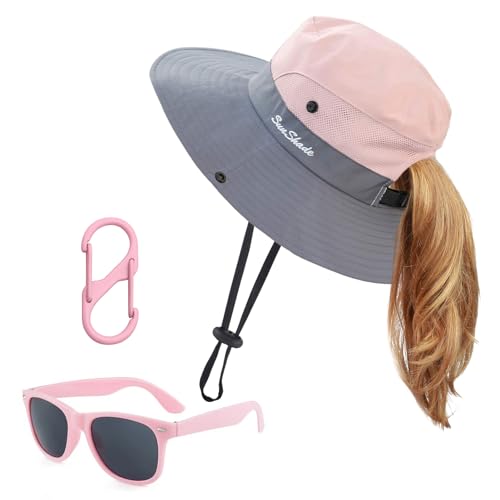Kids Sun Hats Sunglasses and Hat Clip Set Wide Brim Summer Hats UV Protection Beach Cap with Ponytail Hole