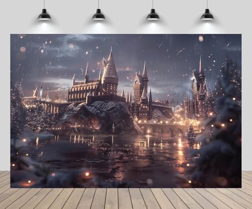 CHNYWORK 7x5ft Magic School Backdrop Wizard Castle School Black Woods Lake Forbidden Forest Bridge Falling Snow Scenery Background Kids Birthday Halloween Party Decor Photo Booth Studio Props
