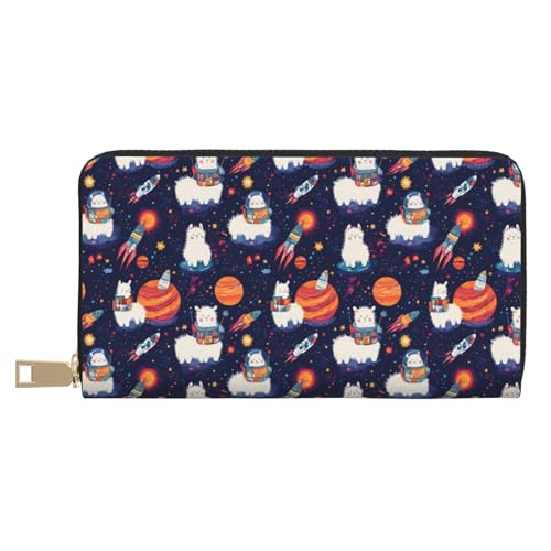 Cute Space Alpaca Print Wallet Women Men, Long PU Leather Wallets for Women, Cute Womens Travel Wallet Purse Pouch with Zipper Pocket