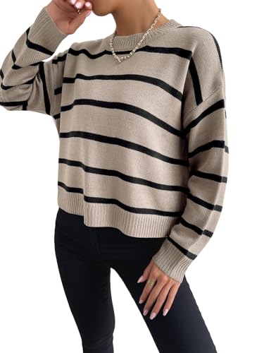 GORGLITTER Women's Striped Drop Shoulder Sweater Oversized Crew Neck Knit Sweaters Pullover Top3