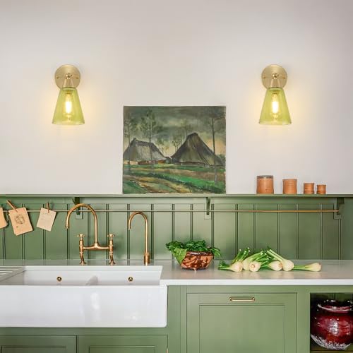 Image of MWZ Gold Wall Sconce Decor Set of 2,Modern Brushed Brass Sconces Lighting with Green Glass Shade,Bathroom Light Fixtures Over Mirror,Vanity Lights Over Sink,Indoor Wall Mount Adjustable Angle Lamp