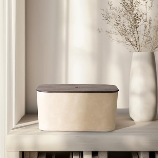 La Jolie Maison Storage Baskets with Lids, Stackable Storage Boxes Set of 2, Velvet Liner and Vegan Leather Lid, Decorative Box for Organizing Office Bedroom Shelf, Beige