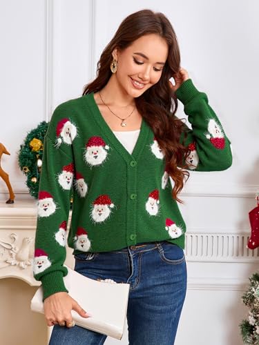 Simplee Green Santa Face Button Christmas Cardigan - Image 4