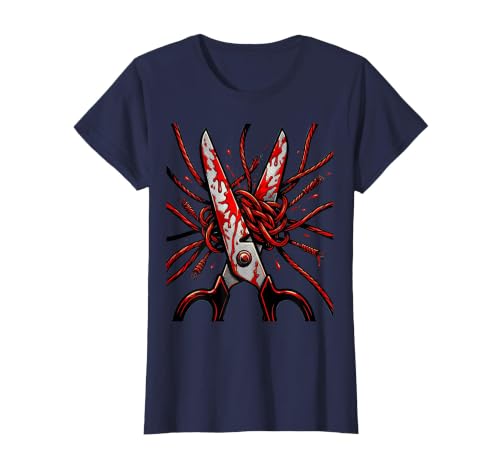 Bloody Scissors Cutting Tangled Cords Graphic T-Shirt, Women, Navy Blue, 3X-Large