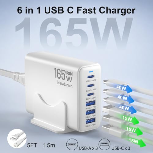 Image of 165W Charging Station, 6 Port Desktop Charger, 3 Ports 40W White