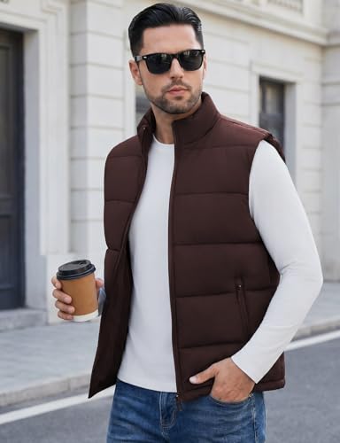 Image of WHN Men's Casual Puffer Vest Lightweight Full Zip Up Work Sleeveless Jacket Stand Collar Outerwear with 3 Pockets