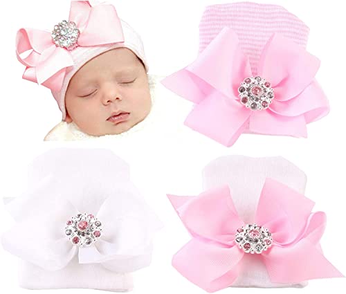 Image of DRESHOW BQUBO Newborn Hospital Hat Infant Baby Hat Cap with Big Bow Soft Cute Knot Nursery Beanie