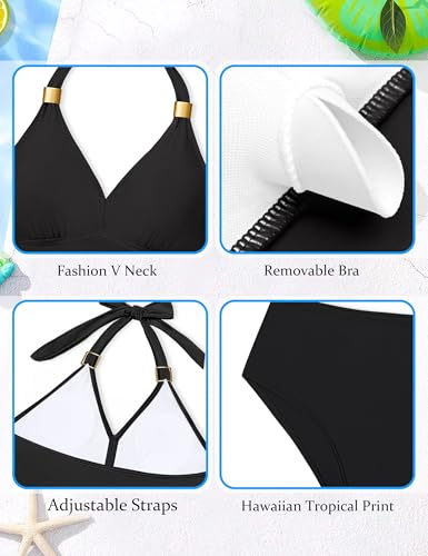 NECIOUS Girls Swimsuit 2 Piece Bathing Suit Halterneck Ruched Tankini Sets Printed Girls' Swimwear for 9-16 Years4