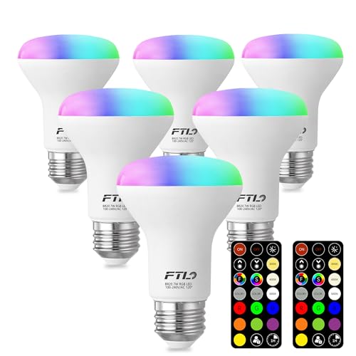 FTL R20 Color Changing Light Bulb with Remote Control BR20 LED Bulb Dimmable RGB Colored Light Bulbs 7W=60W 30 Colors 2700K-6000K Timer Color Flood Light Bulbs for Recessed Can Lighting 6-Pack