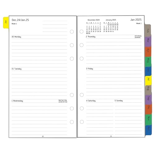 2025 Diary Refill Personal Size, 1 Week on 2 Pages with Monthly Tabs, Extra Budget, Notes, Contact, UK Holidays, Thick Paper 100 & 140 gsm, January 2025 -December 2025, 9.5x17.1cm