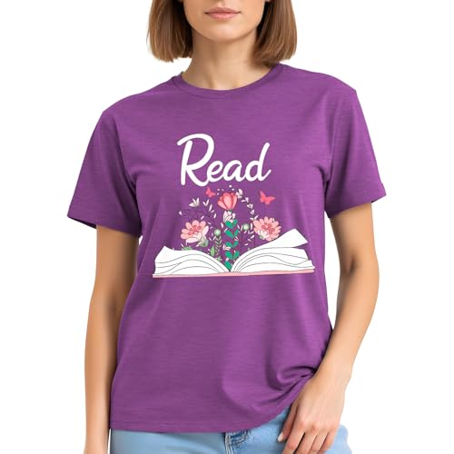 Image of Read Book Shirt for Women-Reading Teacher Tee Tops Pink Flower and Butterfly Short Sleeve Cute Book Shirt