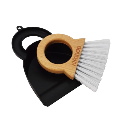 Xifando Mini-Besen und Kehrschaufel für Haushalt, Bambusgriff, Kombination, Mini-Schreibtisch-Sweep, Tastatur-Reinigungsbürste mit Schaufelbürste, runder Bambusgriff