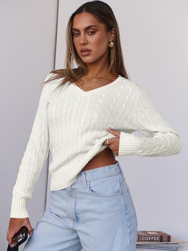 Image of ANRABESS Women's Cable Knit V Neck Fitted Sweaters