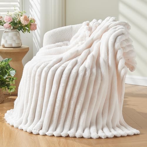 NEWCOSPLAY Super Soft Throw Blanket Premium Silky Flannel Fleece 3D Ribbed Jacquard Lightweight Bed Blanket All Season Use,60x80 Inches,Ivory