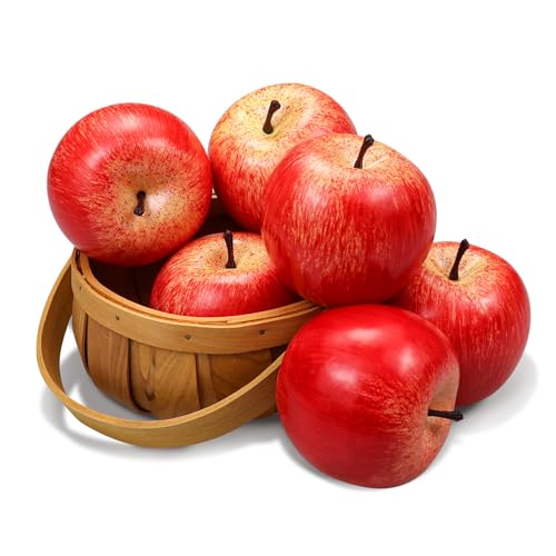 Frutas Artificiales - Manzanas Realistas de Tamaño Real para la Decoración del Hogar, Cocina y Fiesta de Navidad (6 Piezas Rojas)