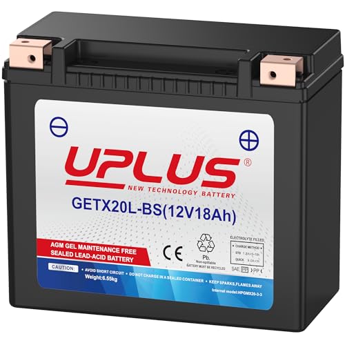 UPLUS GETX20L-BS GEL Motorradbatterie 12V 380A 18Ah Rollerbatterie wartungsfrei Ersatz für YTX20L-BS 176L×89B×154H mm