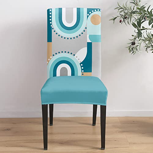 Dining Room Chair Covers, Geometric Aesthetic Stretch Chair Slipcover Washable Removable, Middle Century Abstract Art Teal Grey Kitchen Chair Protector Cover For Restaurant, Hotel, Wedding Set Of 6 #TOP3