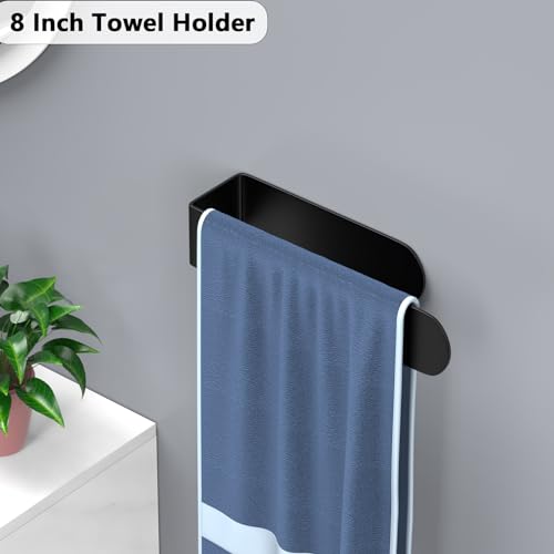 Image of HUFEEOH Black Adhesive Hand Towel Holder Set, 8-Inch Rack and 14-Inch Bar | Stainless Steel U-Shape Design, No Drill, Self-Stick Installation, Washcloth Storage in Bathrooms, Hotels, RVs, Kitchens