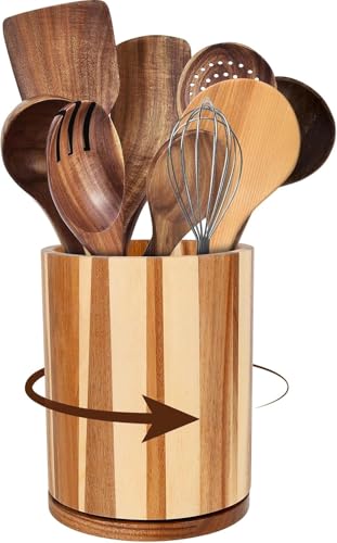 Dexpally Pot Ustensiles Cuisine en Bambou Pivotant à 360°, Rangement Ustensiles Cuisine pour Comptoir, Pot pour Ustensiles de Cuisine, 18.5×15.5×15.5 cm, Décoration de Cuisine.(Brun)