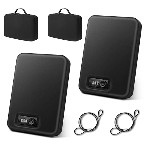 Sgorlds Paquete de 2 cajas fuertes para pistolas con bolso, caja fuerte portátil de viaje para armas de coche, caja de seguridad pequeña con cerradura de combinación, cajas fuertes para armas de mano