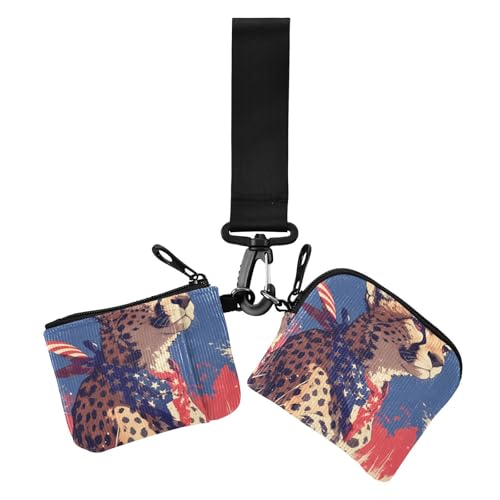 Cartoon Cheetah 4th Of July Independence Day Women's Dual Wallets Business Card Cases Compact Size Money Organizers with Zipper Coin Pocket for Ladies 2 Pcs