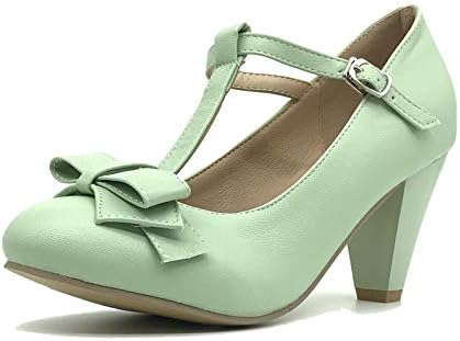 Sapato feminino Starella com tiras em T, salto grosso, bico redondo, retrô,  Lolita com laço, Verde, 5.5 | Amazon.com.br