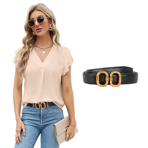 Image of Women's Fashion Classic Metal Buckle Leather Belt with Jeans Dress