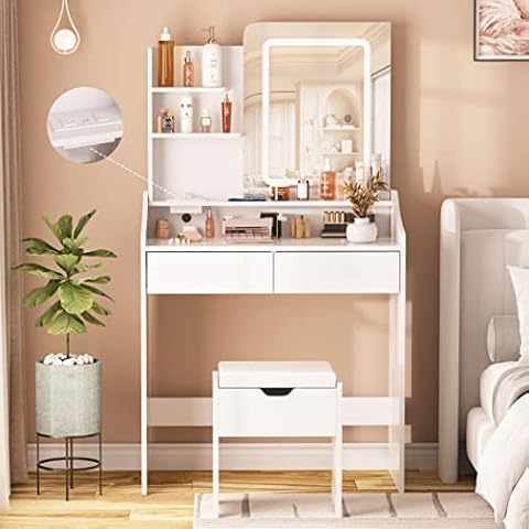 Vabches Vanity Desk with LED Light Mirror and Charging Station 30.3in, Small Vanity Set with 4 Storage Shelves 2 Drawers, Vanity for Girls Women with Storage Stool, Vanity Table for Bedroom (White) Cover