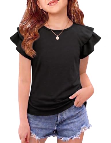 Image of Girls T Shirts Ruffle Short Sleeve Round Neck Loose Blouse Summer Solid Color Casual Girl Tee Tops for 3-12 Years