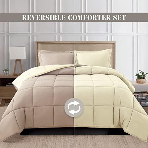 Image of Elegant Comfort 3-Piece Reversible Comforter Set, All Season Cozy, Soft Down Alternative, Quilted - Box Stitched - Duvet Insert with 4 Corner Tabs, Comforter with Shams, King, Linen /Ivory